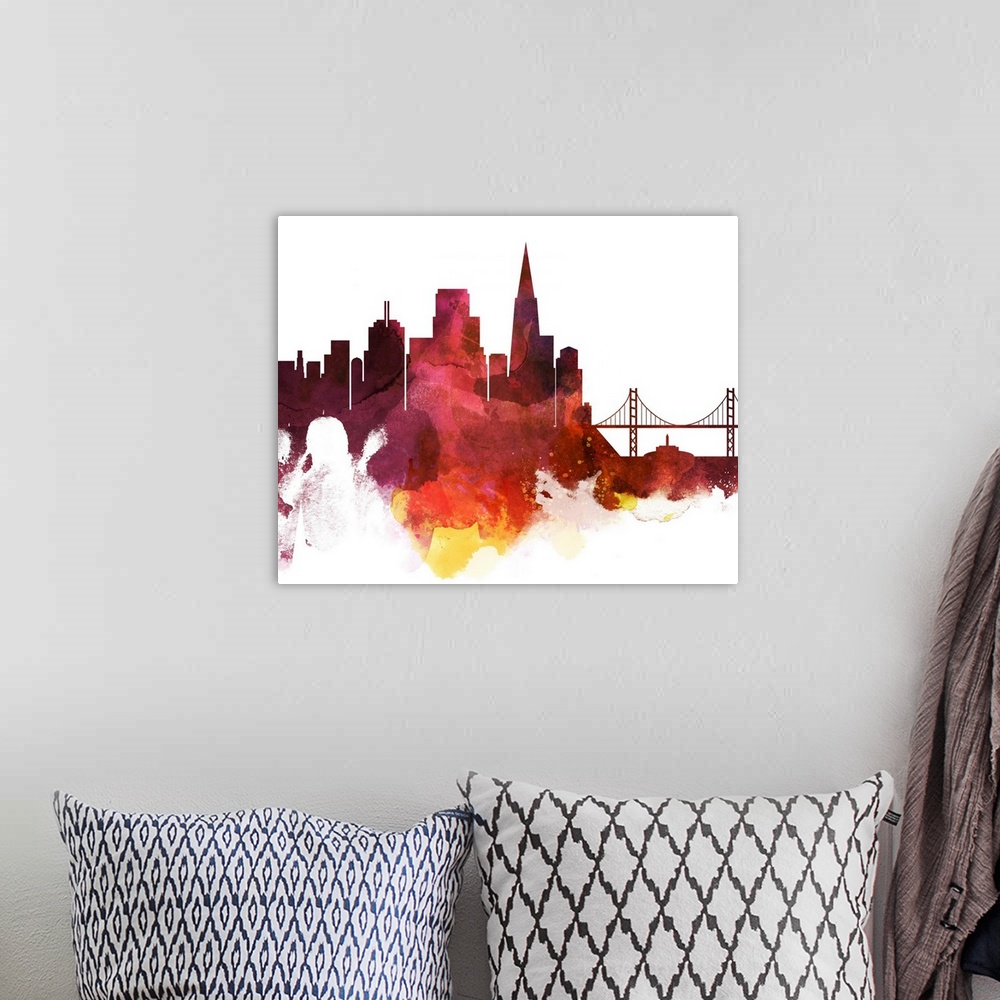 A bohemian room featuring The San Francisco city skyline in colorful watercolor splashes.