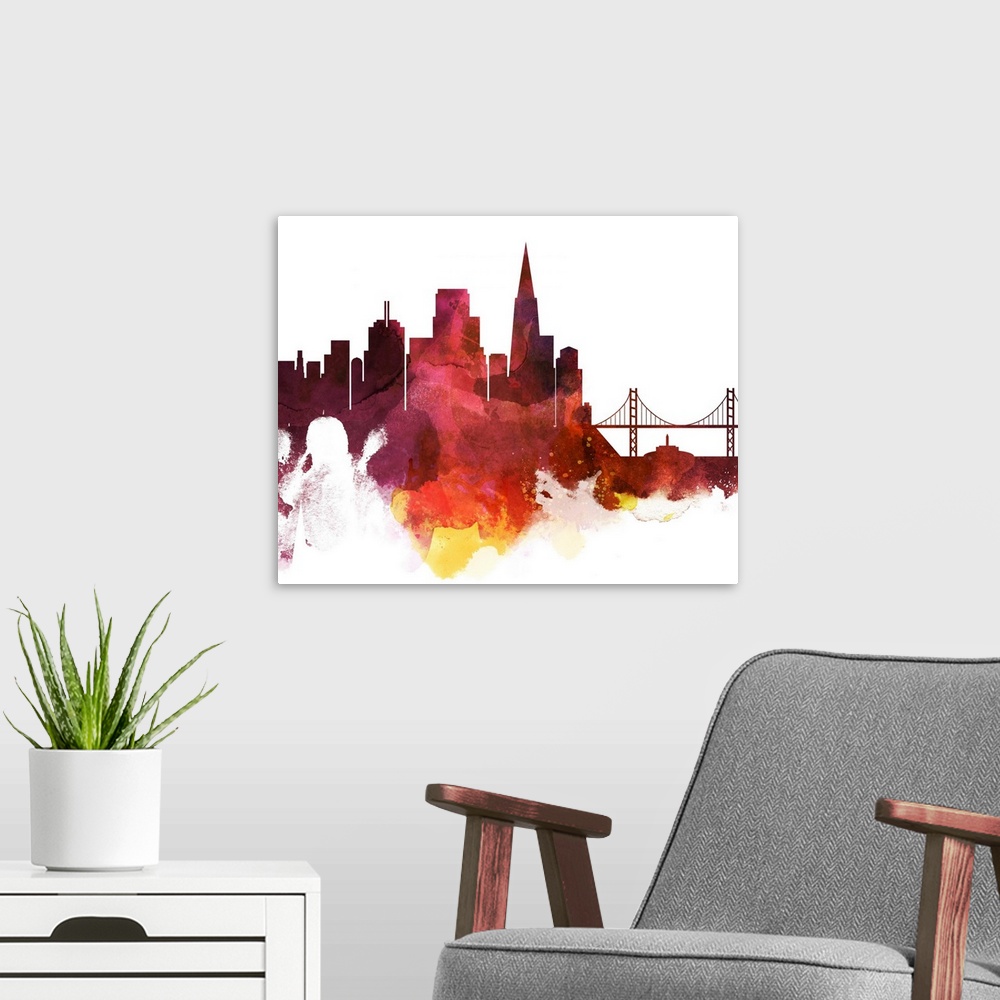 A modern room featuring The San Francisco city skyline in colorful watercolor splashes.