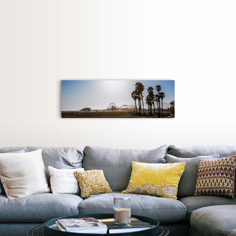 A farmhouse room featuring Panoramic photograph of the Santa Monica Pier in Los Angeles, California, with palm trees in the ...