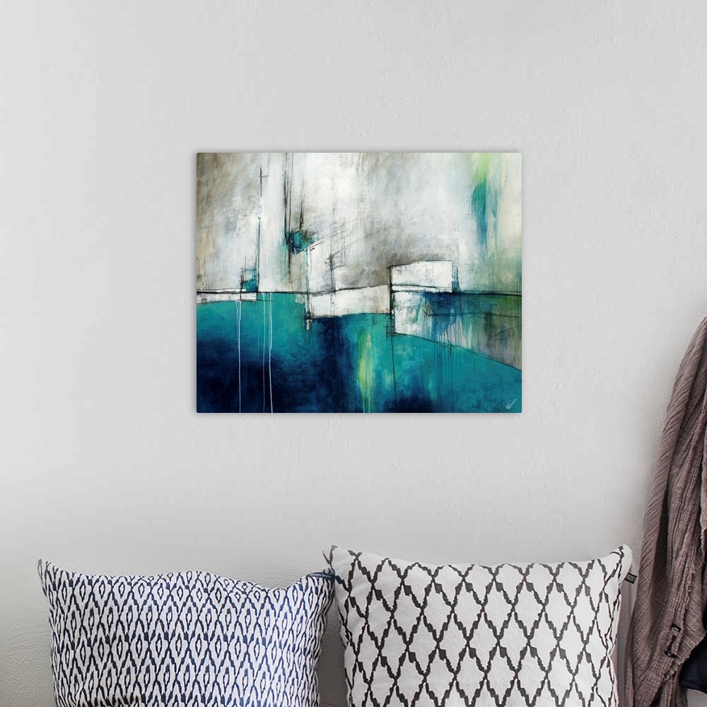 A bohemian room featuring Abstract artwork with mostly cool colors. Blocks of blue and white with streaks of running colors...