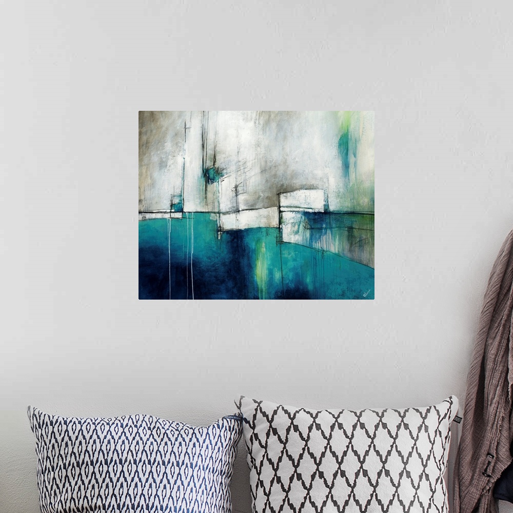 A bohemian room featuring Abstract artwork with mostly cool colors. Blocks of blue and white with streaks of running colors...