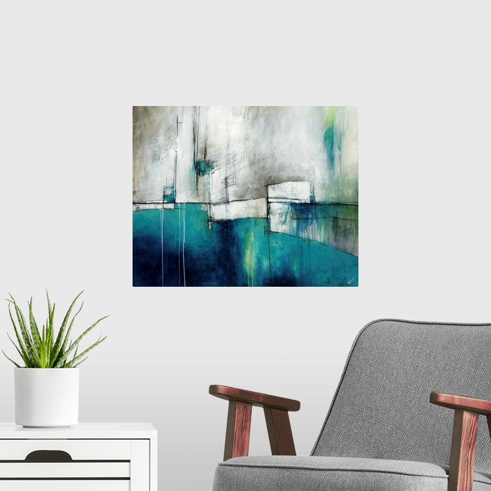 A modern room featuring Abstract artwork with mostly cool colors. Blocks of blue and white with streaks of running colors...