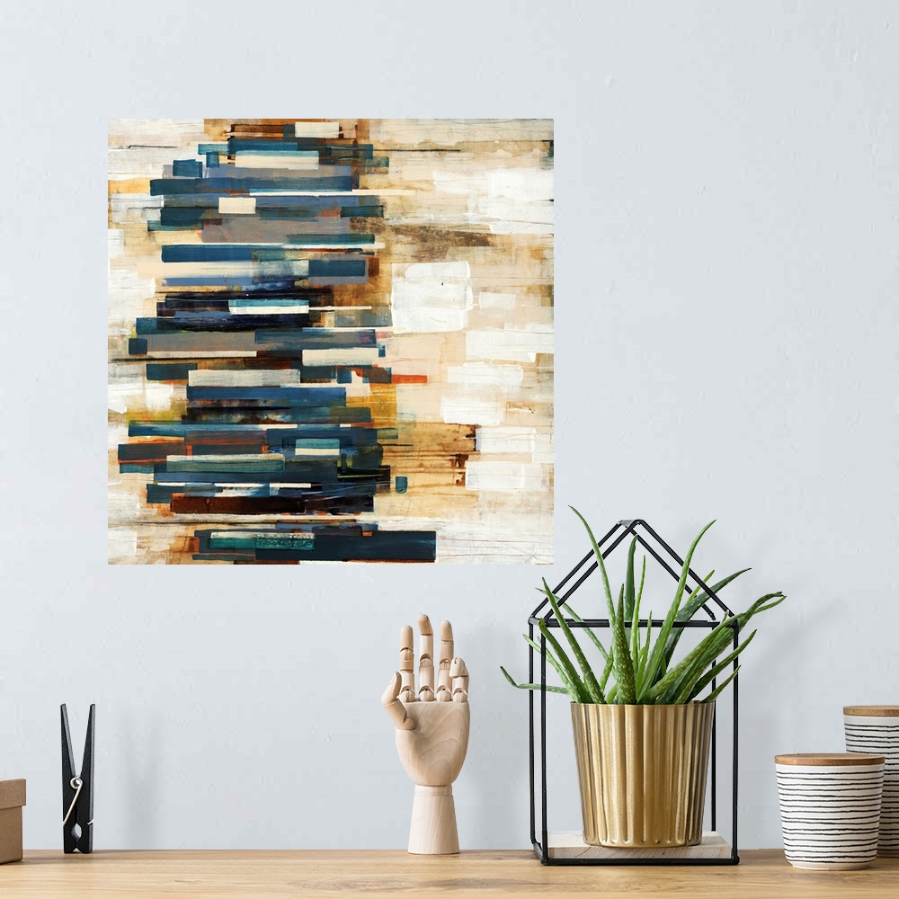 A bohemian room featuring This large square shaped wall hanging is an abstract painting created with geometric brushstrokes...