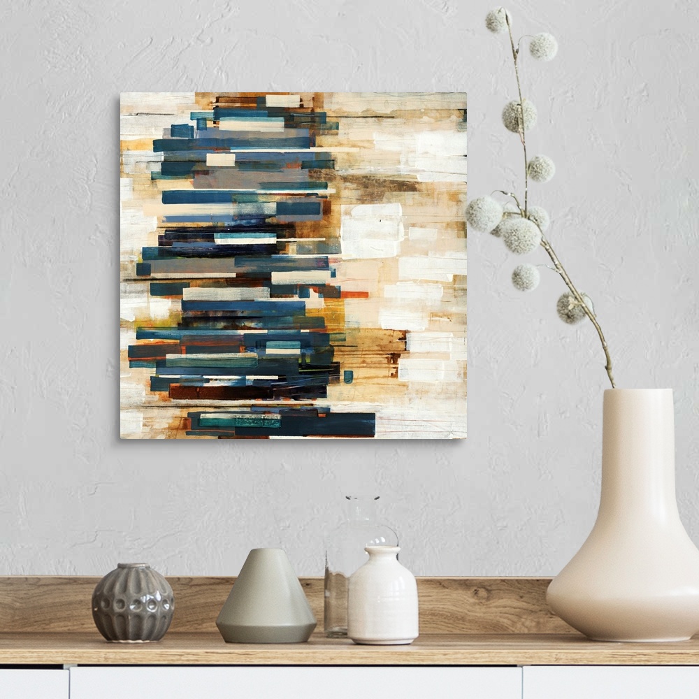A farmhouse room featuring This large square shaped wall hanging is an abstract painting created with geometric brushstrokes...