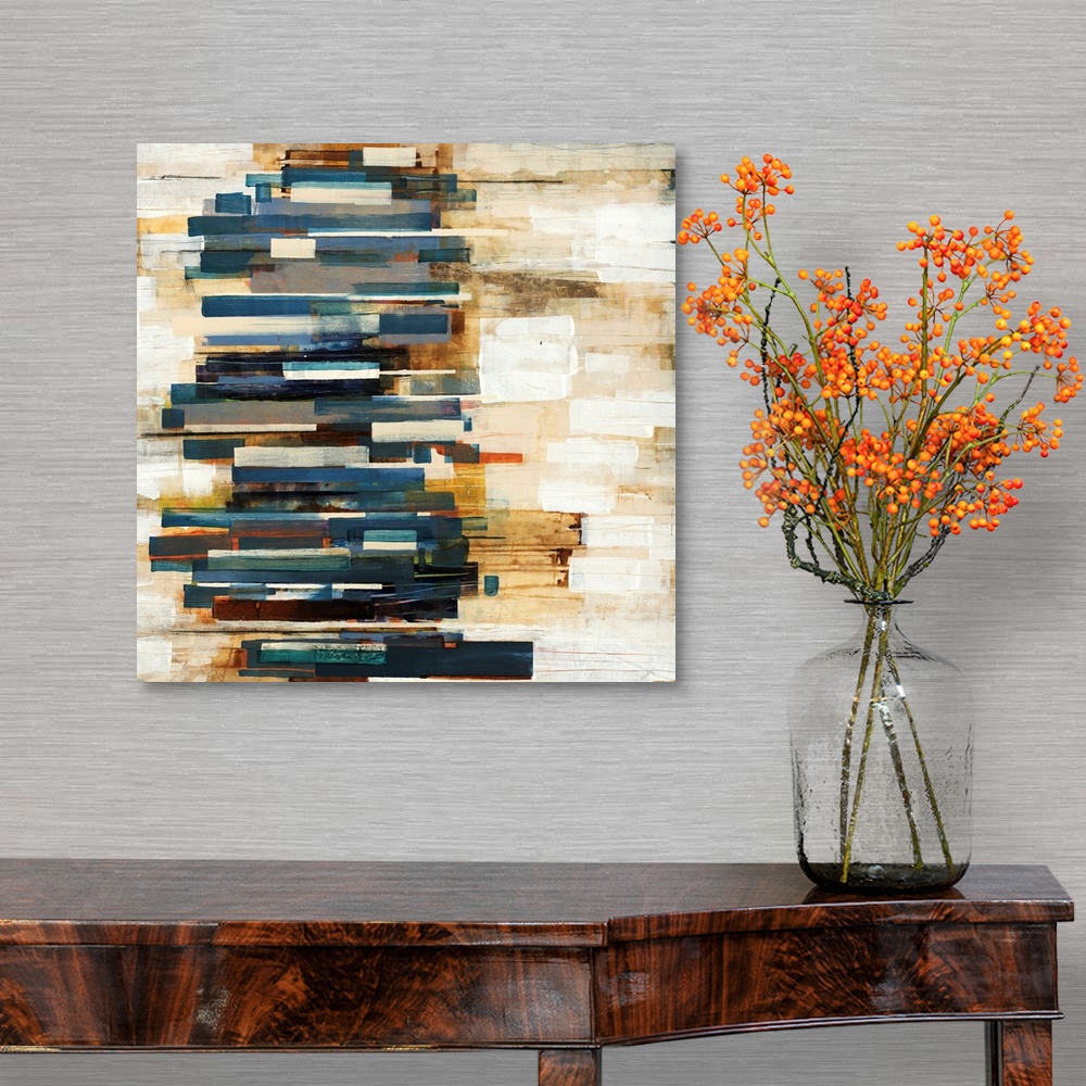 A traditional room featuring This large square shaped wall hanging is an abstract painting created with geometric brushstrokes...