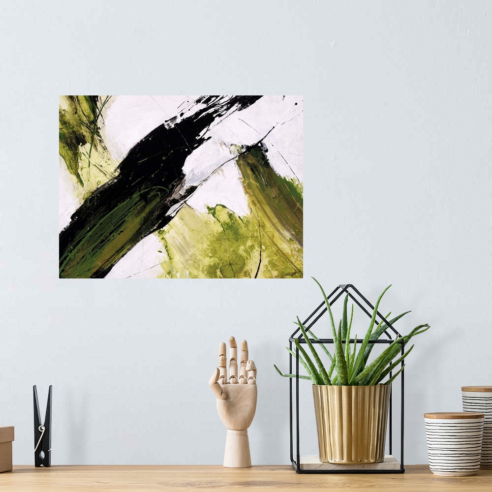 A bohemian room featuring Abstract painting of dark and light green paint slashing across a neutral background.