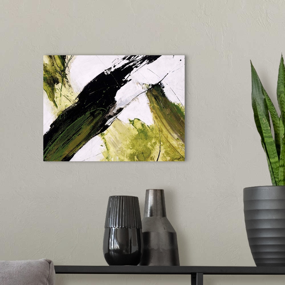 A modern room featuring Abstract painting of dark and light green paint slashing across a neutral background.