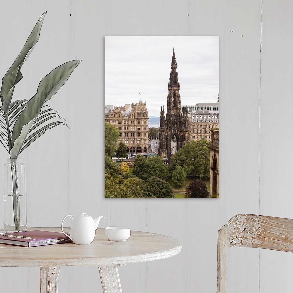 A farmhouse room featuring Photograph of an Edinburgh cityscape highlighting Scott Monument, a Victorian Gothic monument to ...