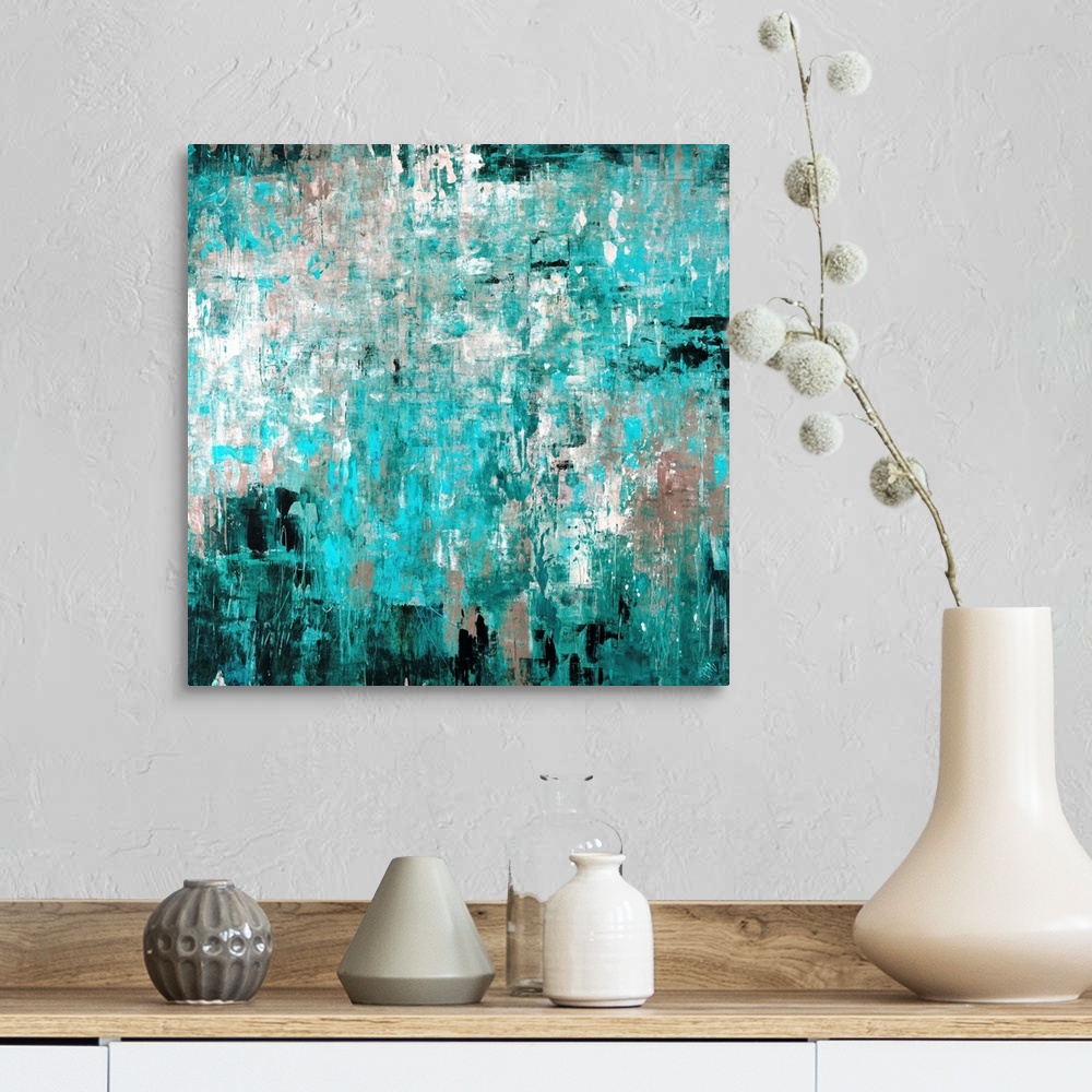 A farmhouse room featuring Big abstract art composed of different shades of a cool tone layered on top and next to each othe...