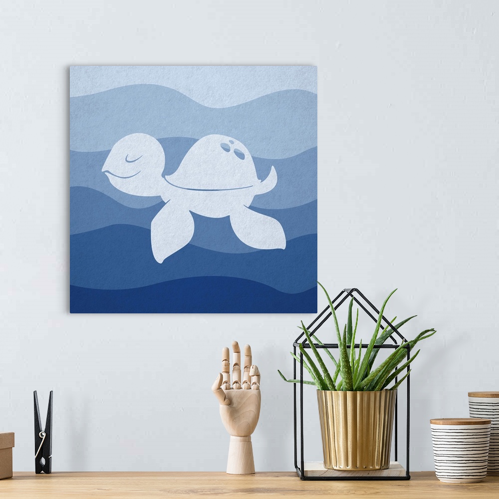 A bohemian room featuring Nursery art of a sea turtle swimming in blue waves.