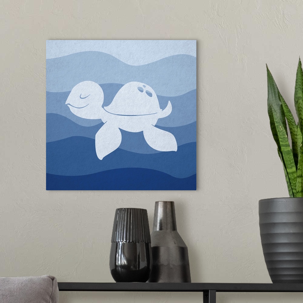 A modern room featuring Nursery art of a sea turtle swimming in blue waves.