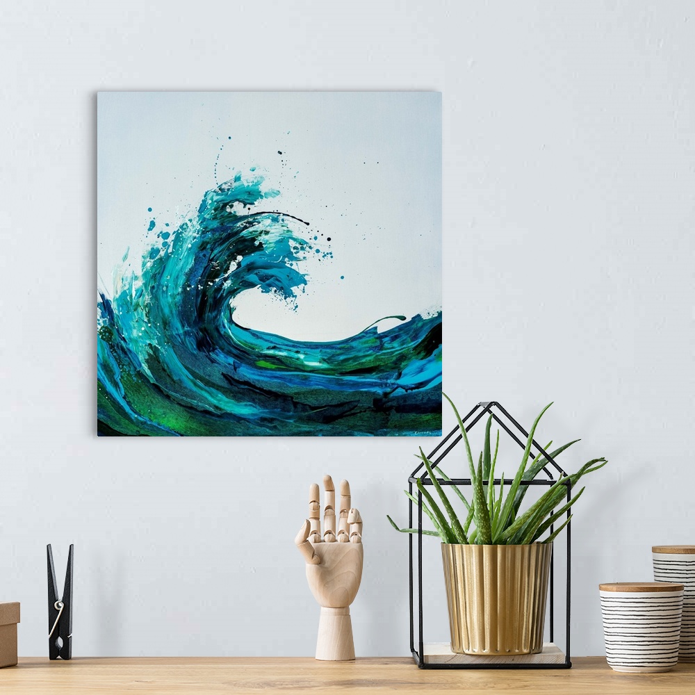 A bohemian room featuring Contemporary square painting of an energetic wave done in various shades of blue and green.