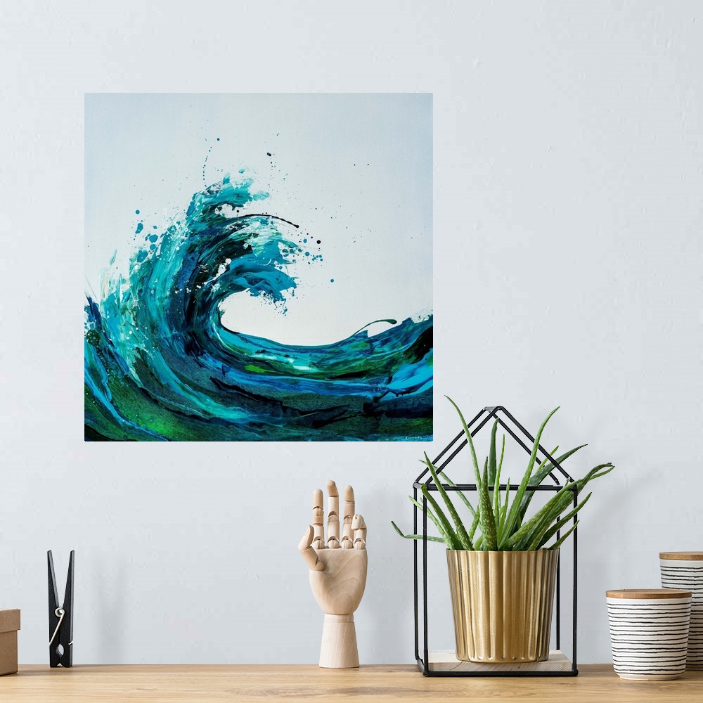 A bohemian room featuring Contemporary square painting of an energetic wave done in various shades of blue and green.