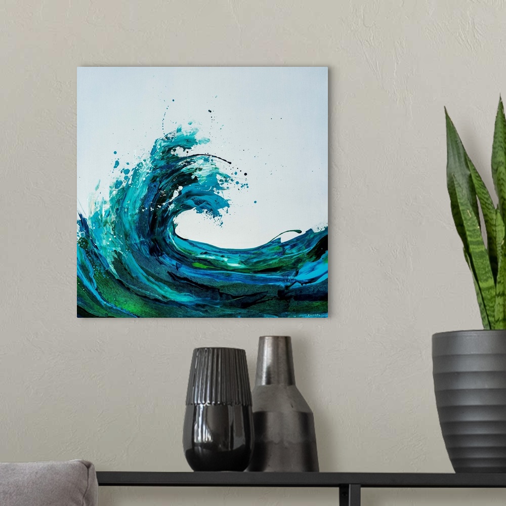 A modern room featuring Contemporary square painting of an energetic wave done in various shades of blue and green.