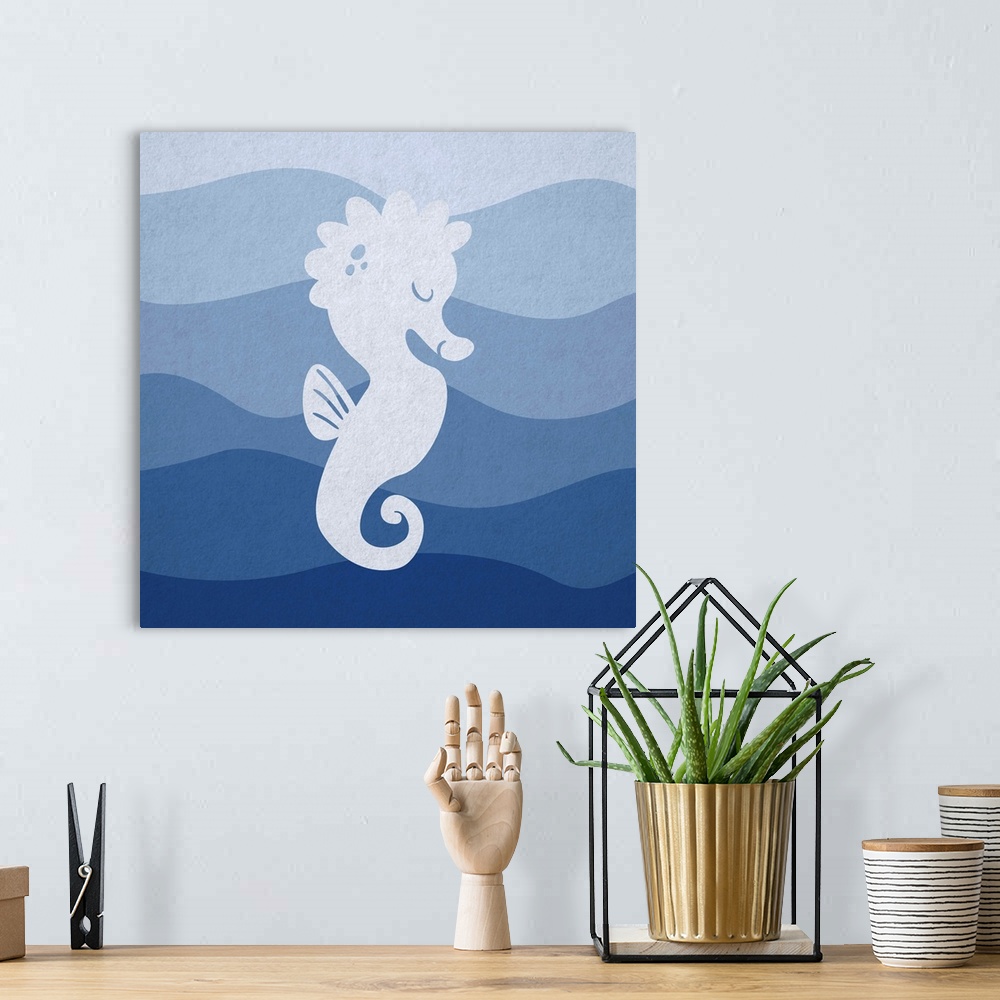 A bohemian room featuring Nursery art of a seahorse swimming in blue waves.