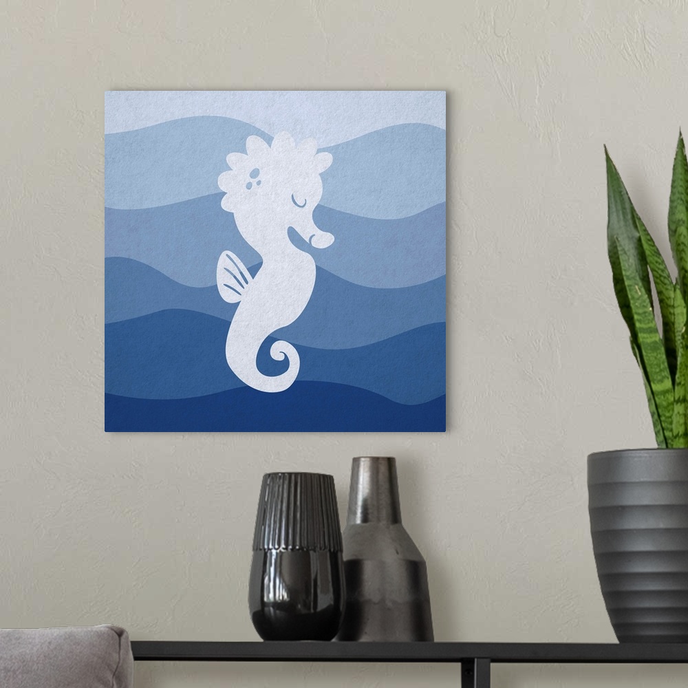 A modern room featuring Nursery art of a seahorse swimming in blue waves.