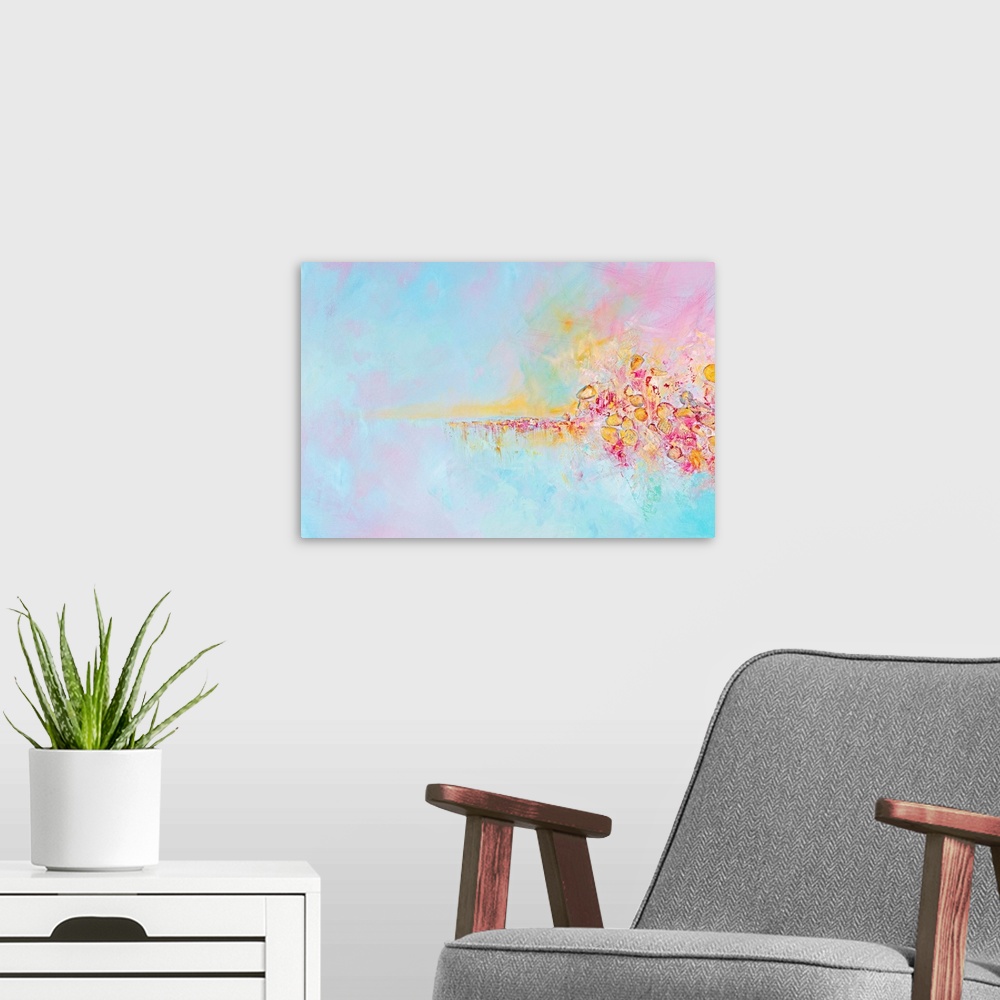 A modern room featuring Contemporary mixed media abstract painting in pastel shades of pink, yellow, and turquoise, embel...