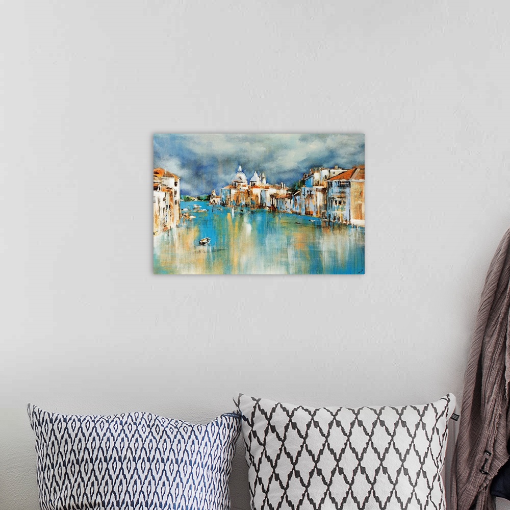 A bohemian room featuring Abstracted view of Venice architecture lining the Grand Canal.