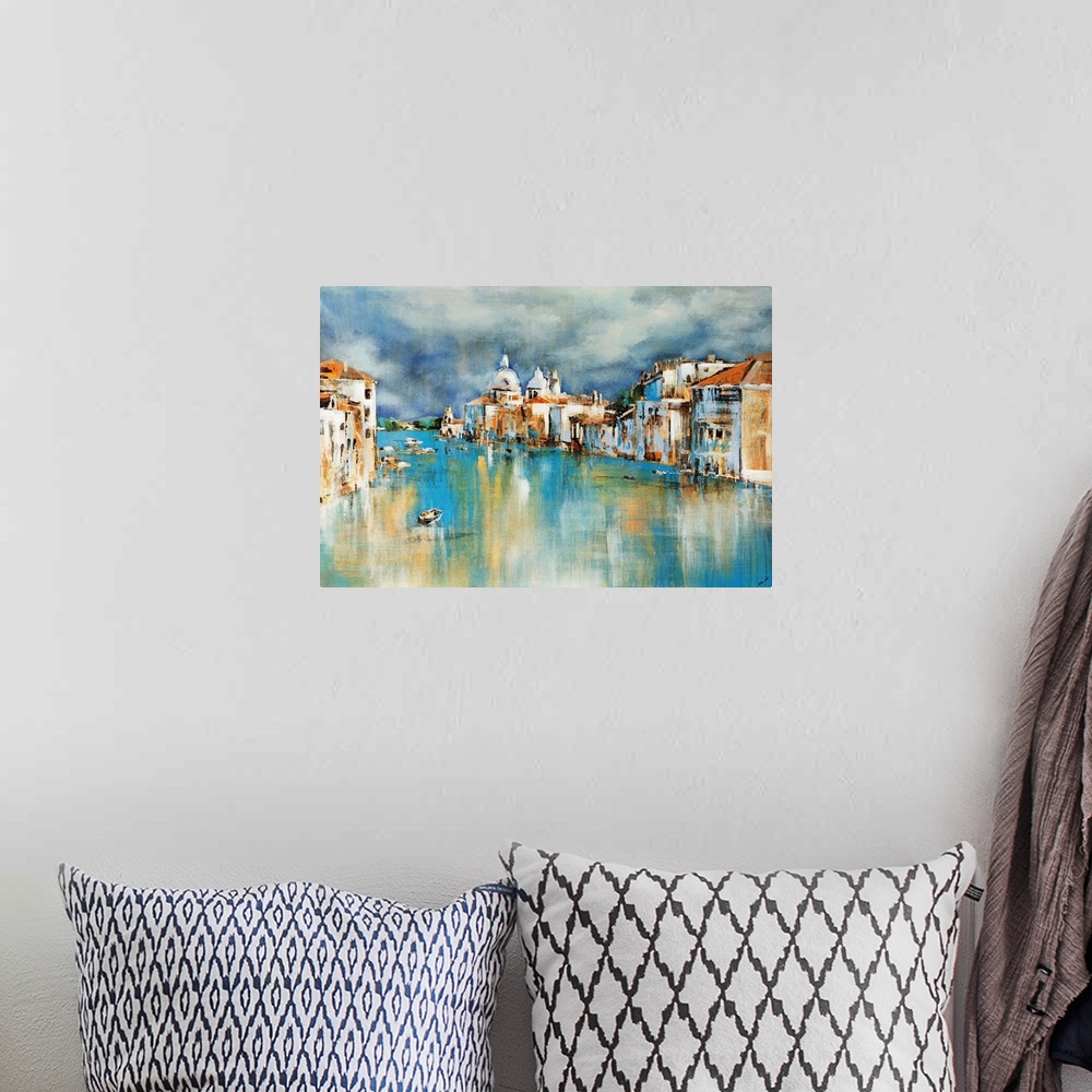 A bohemian room featuring Abstracted view of Venice architecture lining the Grand Canal.