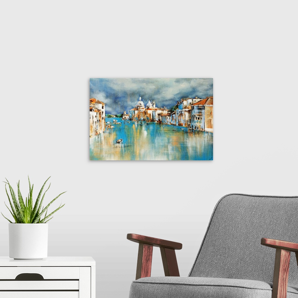 A modern room featuring Abstracted view of Venice architecture lining the Grand Canal.