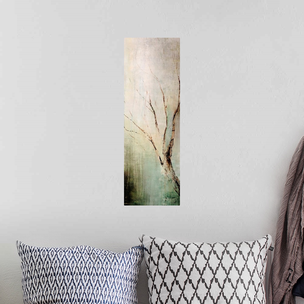 A bohemian room featuring Panoramic contemporary art depicts a lone tree branch composed of earth tones as it sits in front...