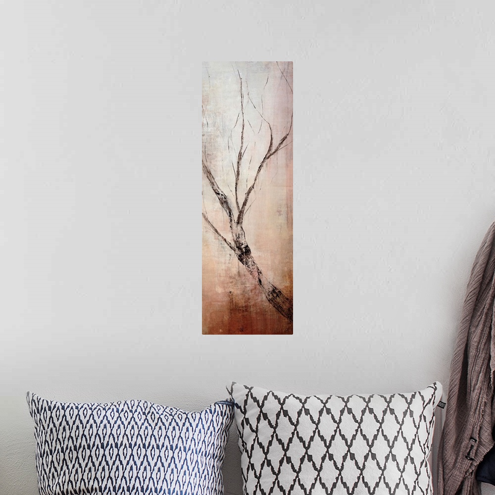 A bohemian room featuring Vertical panoramic canvas painting of an abstract tree branch growing upwards on a grungy backgro...