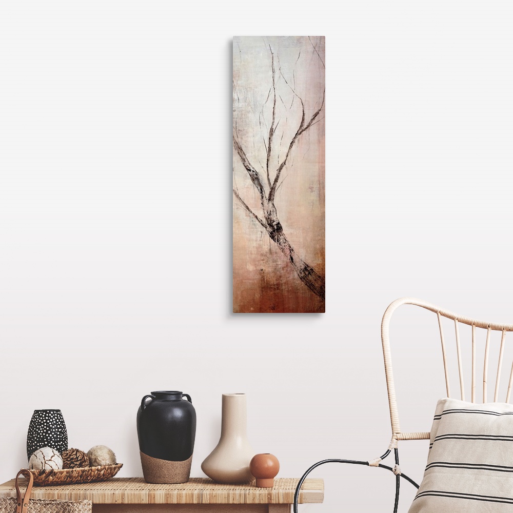 A farmhouse room featuring Vertical panoramic canvas painting of an abstract tree branch growing upwards on a grungy backgro...