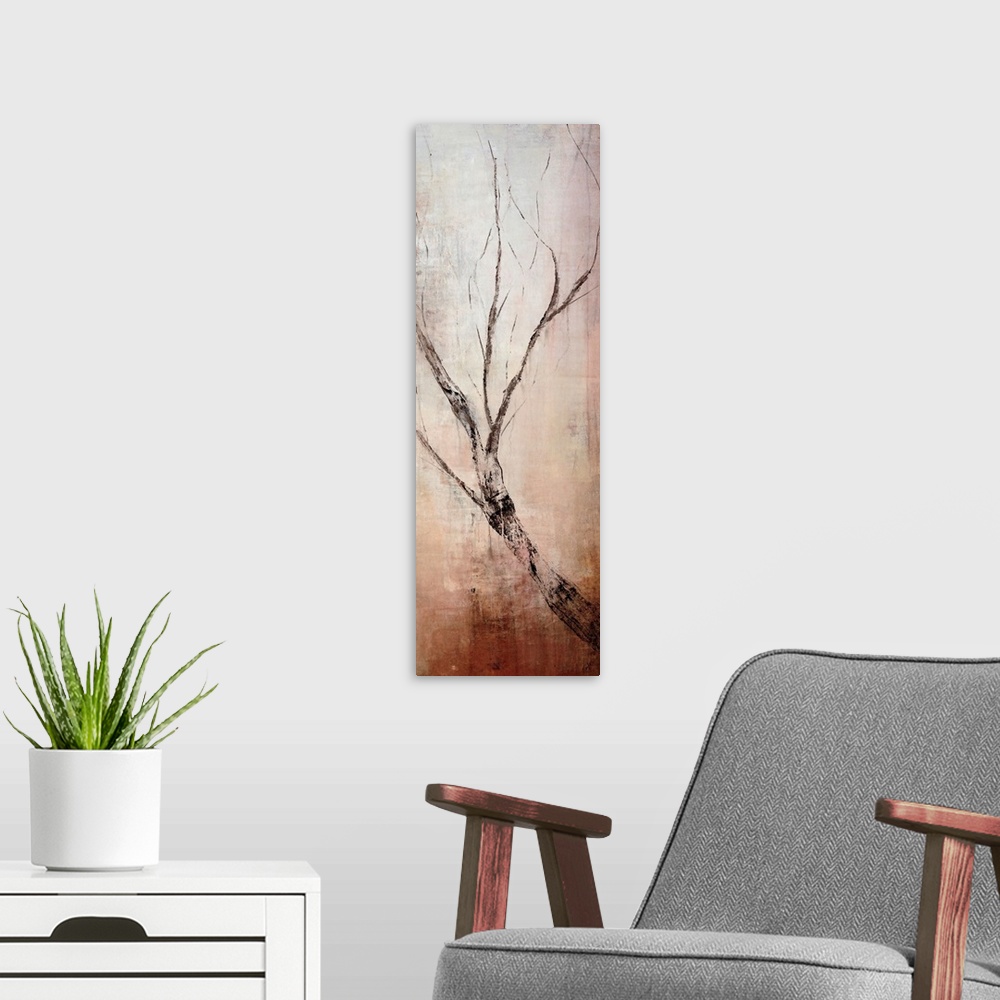 A modern room featuring Vertical panoramic canvas painting of an abstract tree branch growing upwards on a grungy backgro...