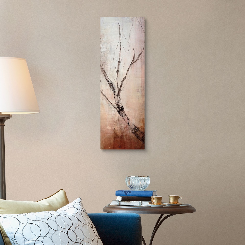 A traditional room featuring Vertical panoramic canvas painting of an abstract tree branch growing upwards on a grungy backgro...