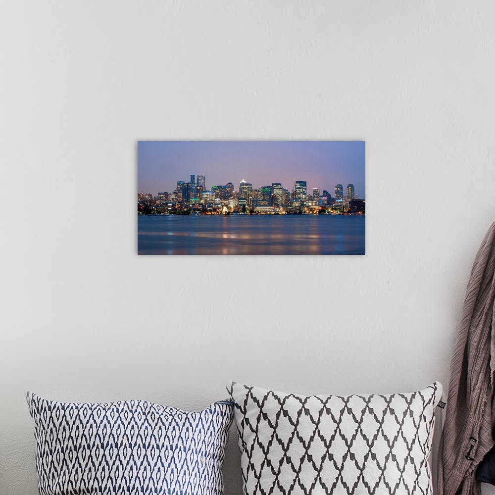 A bohemian room featuring View of Seattle's city skyline at night, Washington.