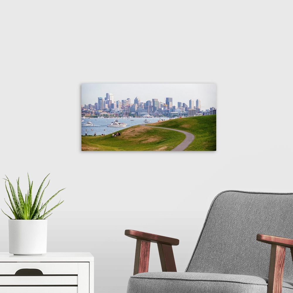 A modern room featuring View of Seattle's city skyline from Gas Works Park in Seattle, Washington.