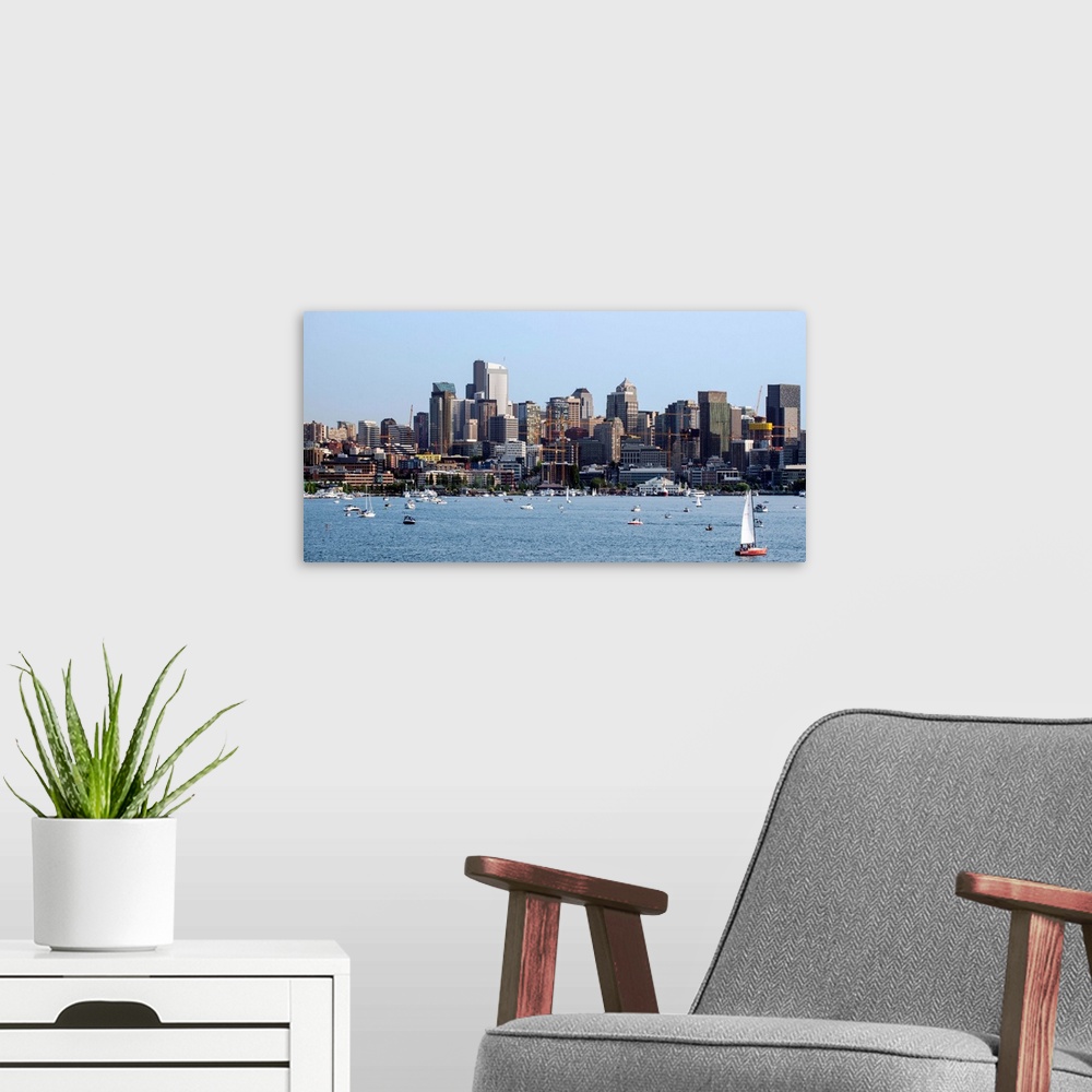 A modern room featuring View of downtown Seattle from Lake Union.