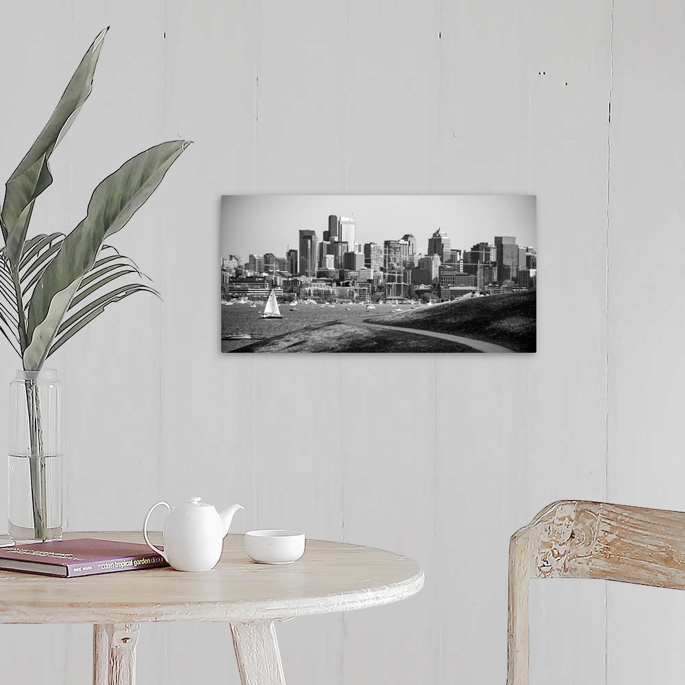 A farmhouse room featuring Photograph of the Seattle skyline with Lake Washington filled with boats in front.