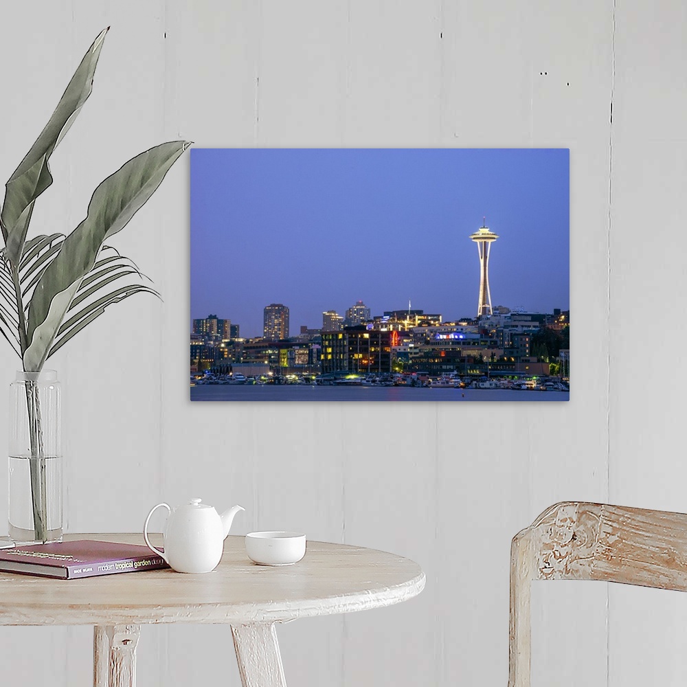 A farmhouse room featuring Photograph of the Seattle skyline lit up at night from the water.