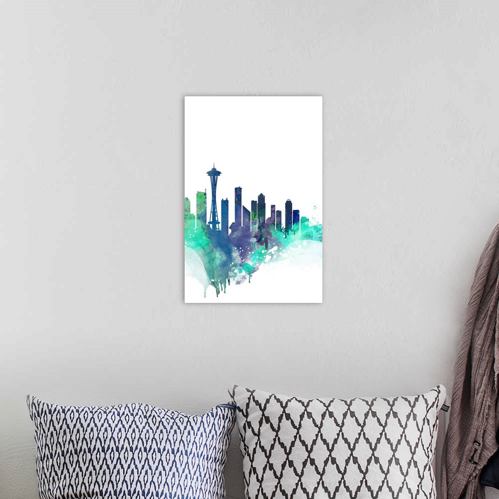 A bohemian room featuring The Seattle city skyline in colorful watercolor splashes.