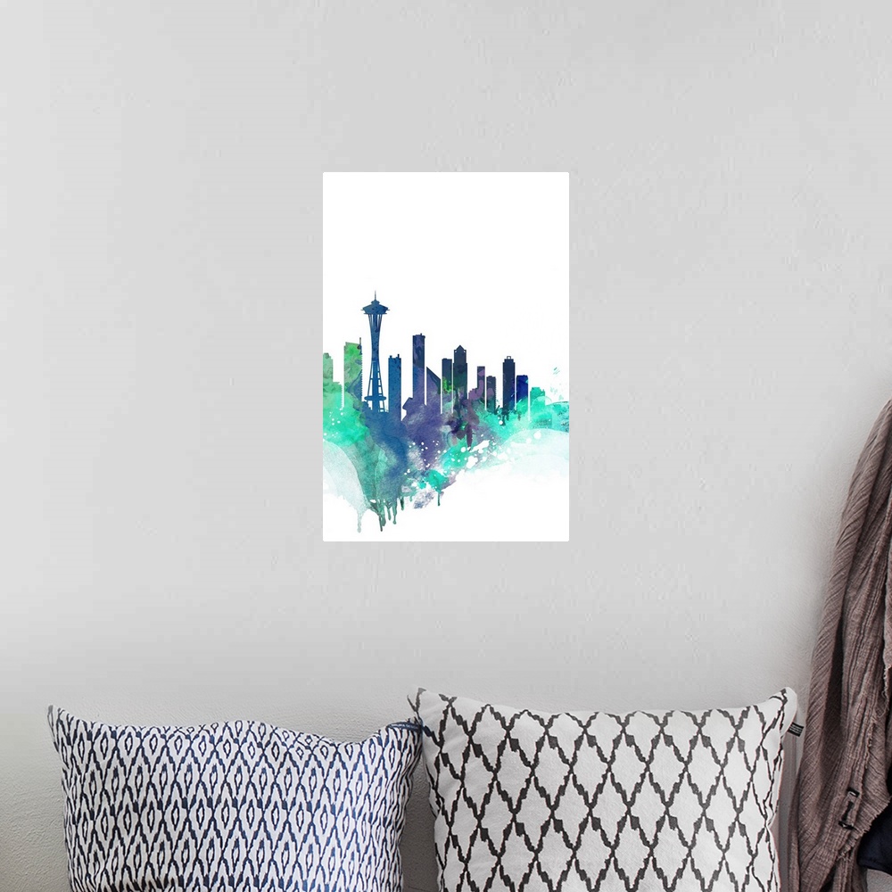A bohemian room featuring The Seattle city skyline in colorful watercolor splashes.
