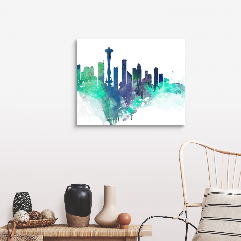 A farmhouse room featuring The Seattle city skyline in colorful watercolor splashes.