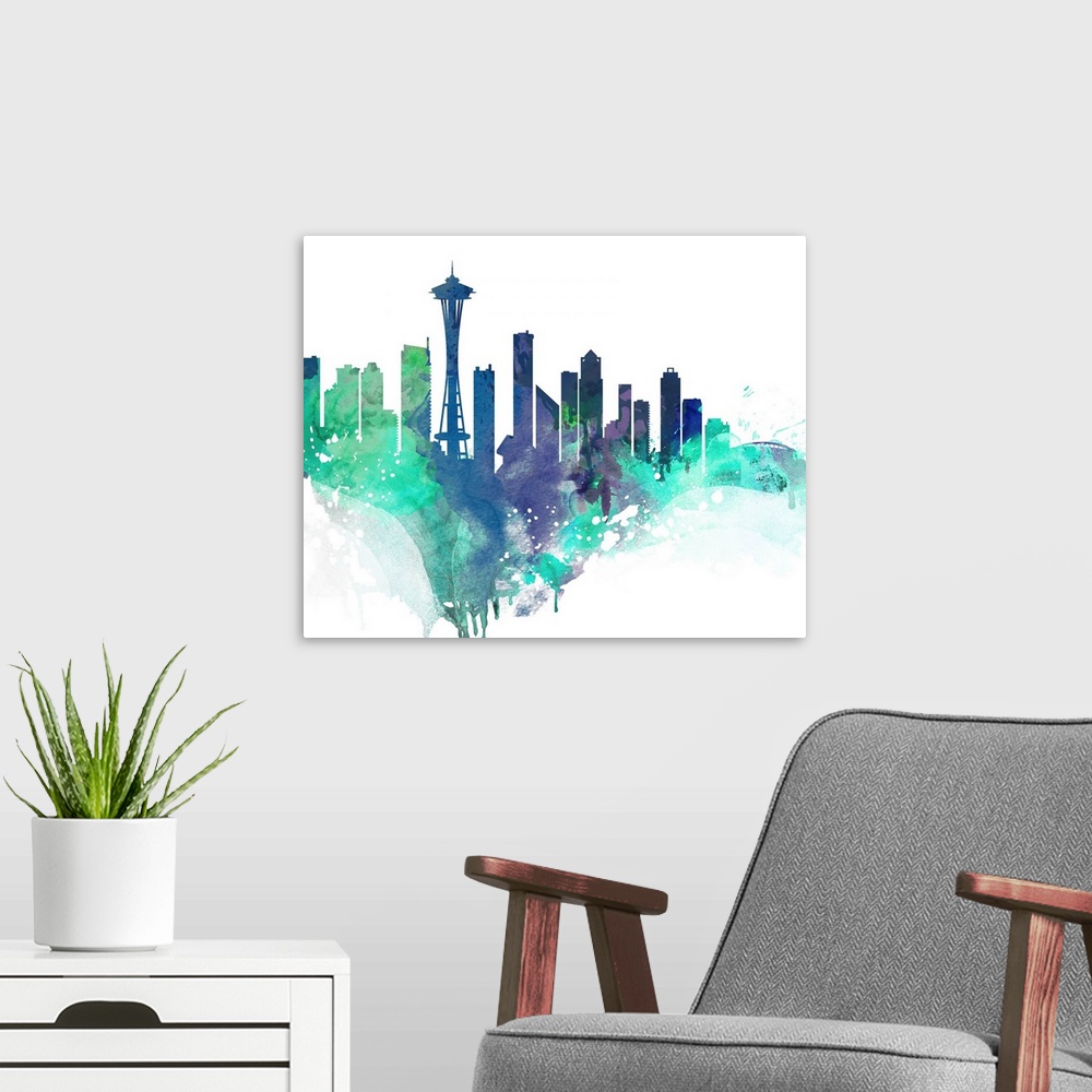 A modern room featuring The Seattle city skyline in colorful watercolor splashes.