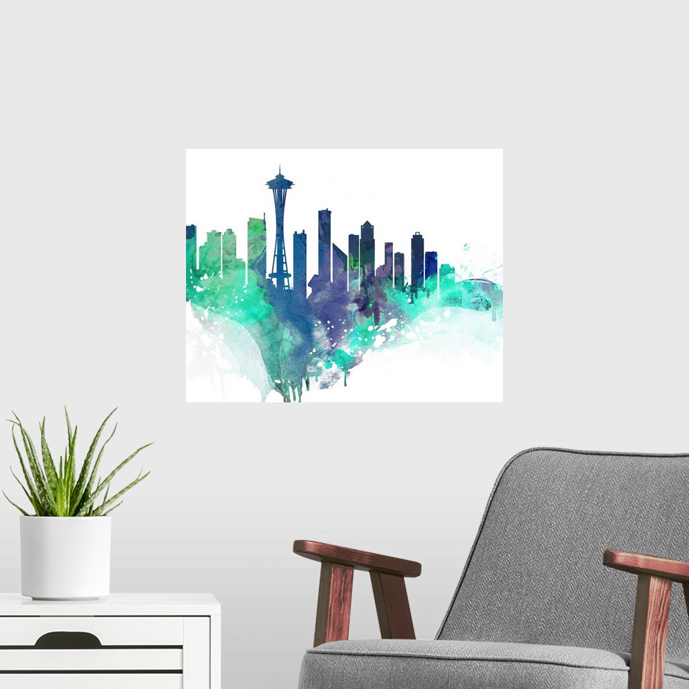 A modern room featuring The Seattle city skyline in colorful watercolor splashes.