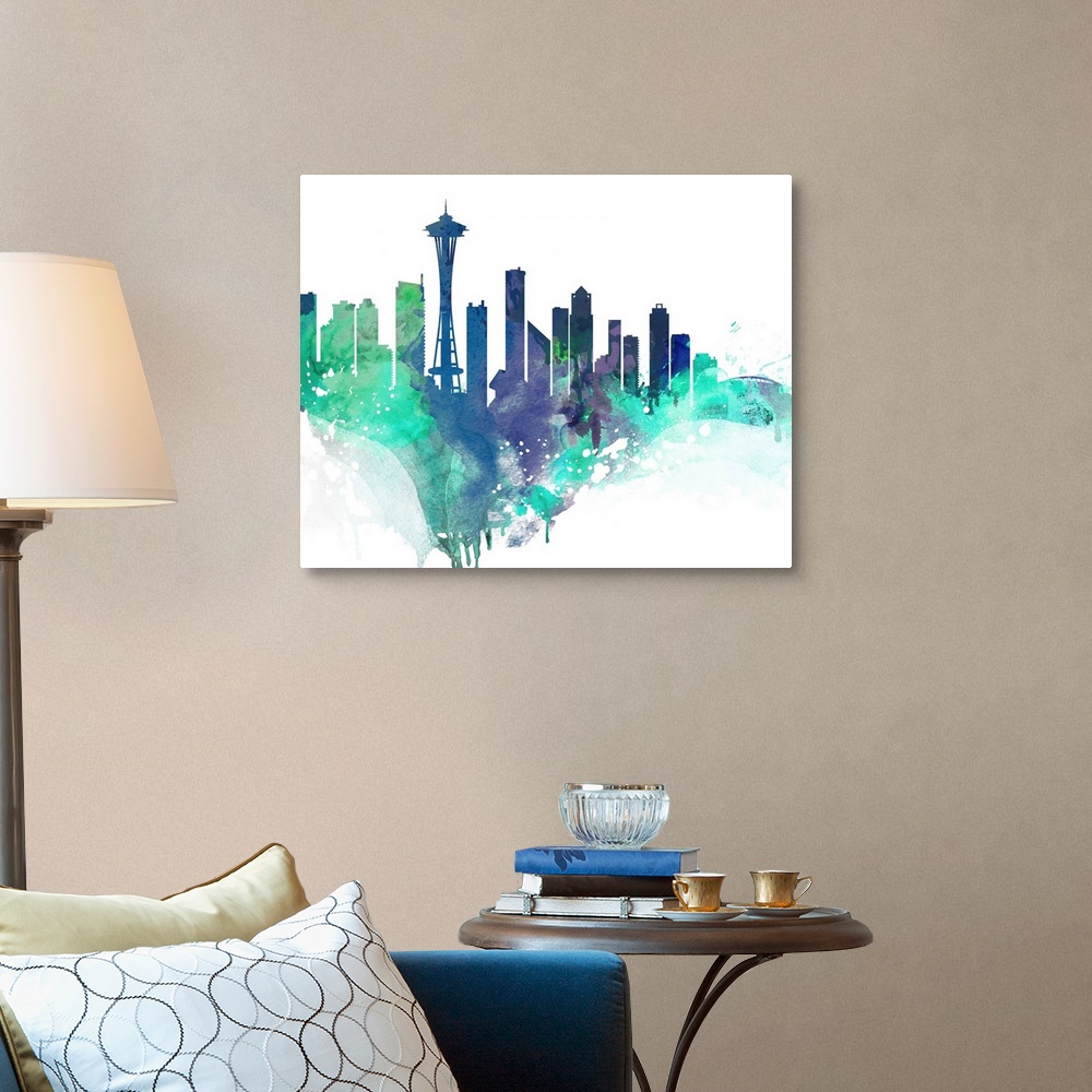 A traditional room featuring The Seattle city skyline in colorful watercolor splashes.