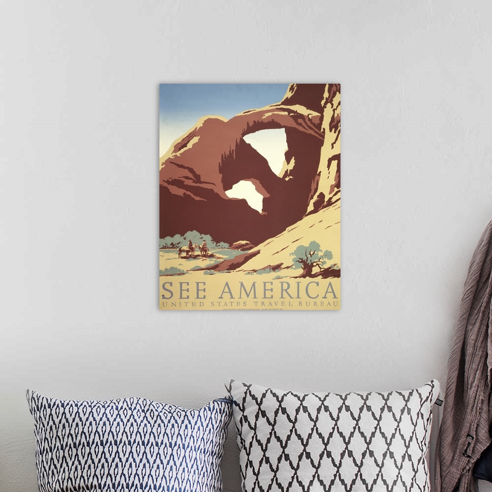 A bohemian room featuring See America. Poster for the United States Travel Bureau promoting tourism, showing two cowboys on...