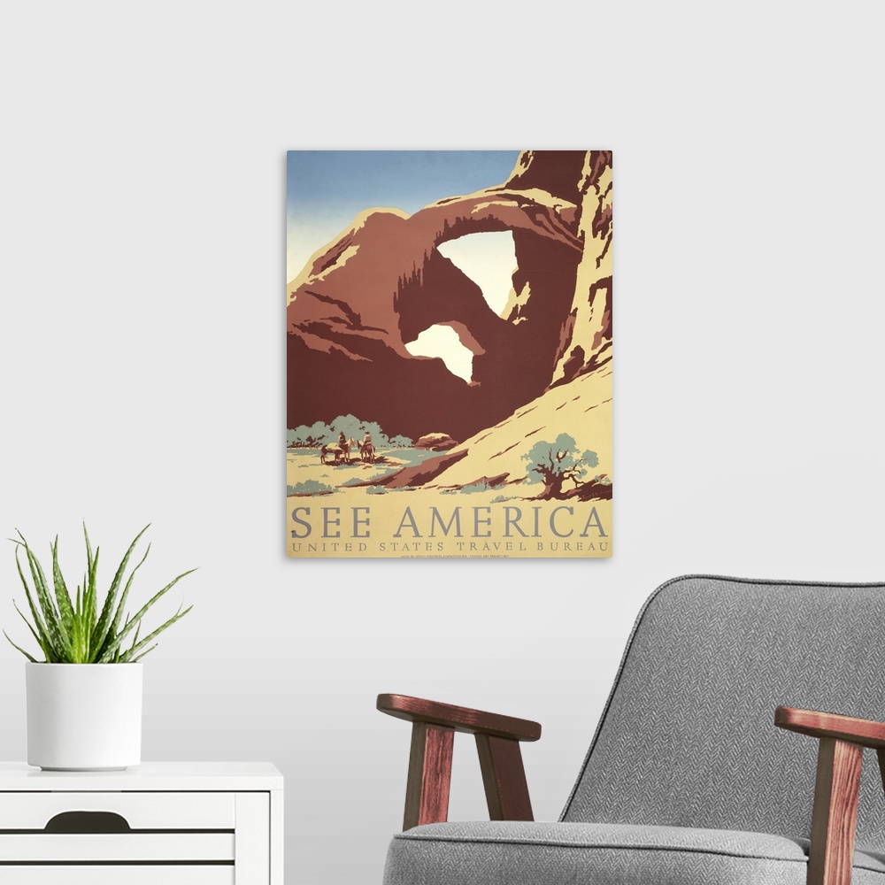 A modern room featuring See America. Poster for the United States Travel Bureau promoting tourism, showing two cowboys on...
