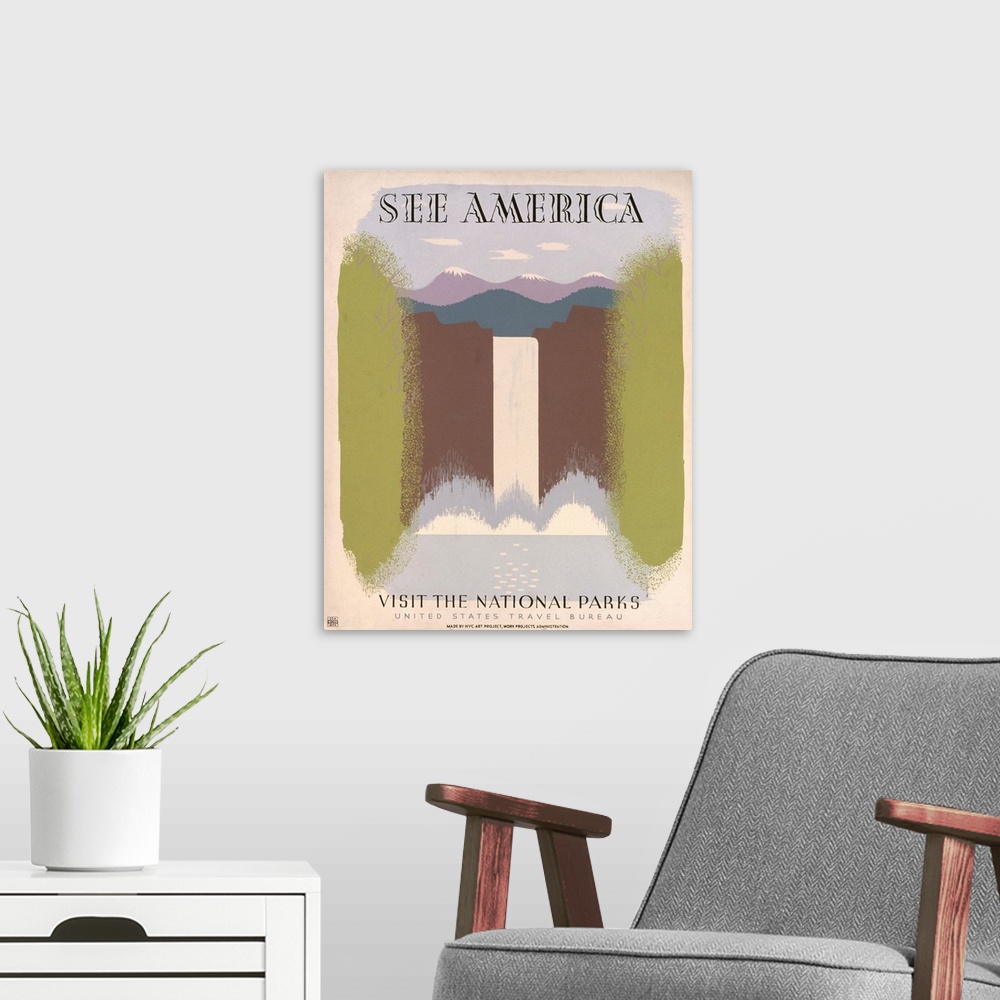 A modern room featuring See America, visit the national parks. Poster for United States Travel Bureau promoting travel to...