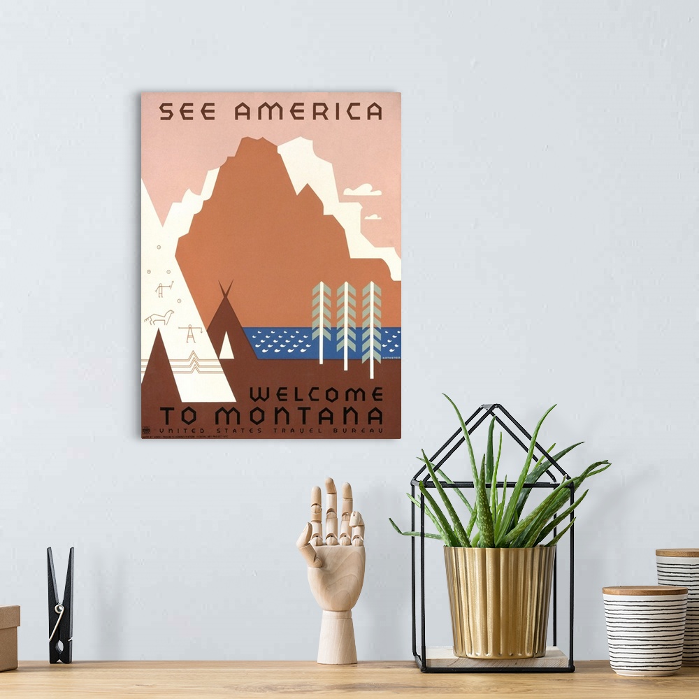 A bohemian room featuring See America, welcome to Montana. Poster for United States Travel Bureau promoting travel to Monta...