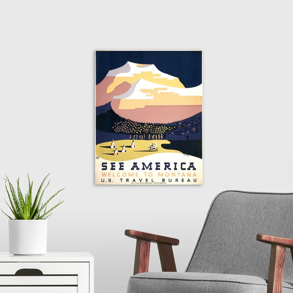 A modern room featuring See America, welcome to Montana. Poster for the U.S. Travel Bureau promoting tourism, showing clu...