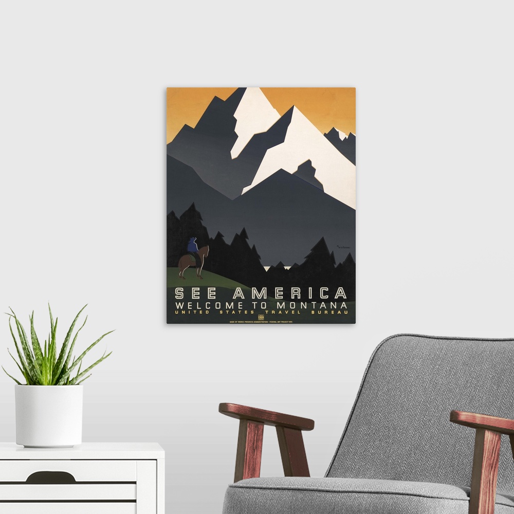 A modern room featuring See America, welcome to Montana. Poster for United States Travel Bureau promoting travel to Monta...