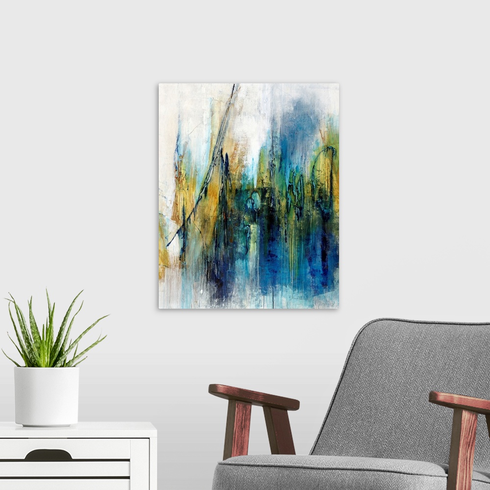 A modern room featuring Contemporary abstract painting using blue mixed with gold in swiping vertical swipes, against a n...