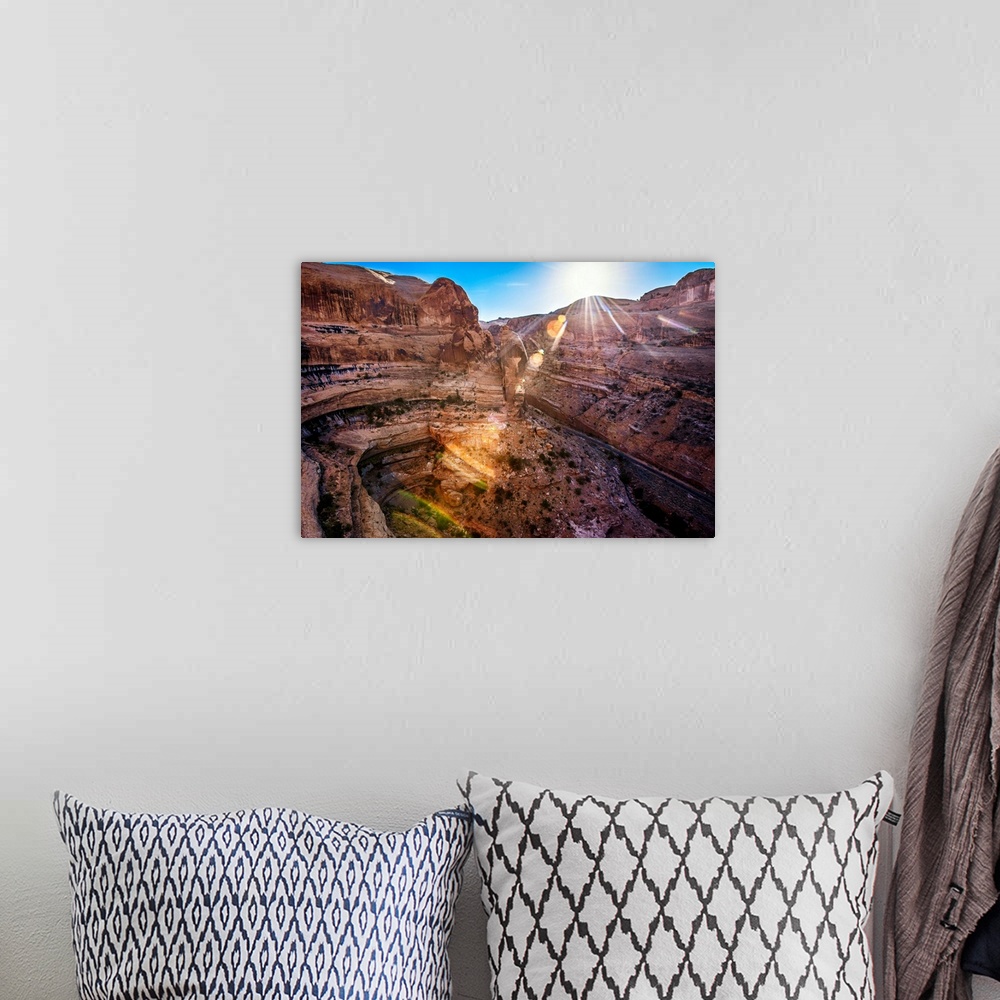 A bohemian room featuring The sun shining on Shafer Canyon, Canyonlands National Park, Utah