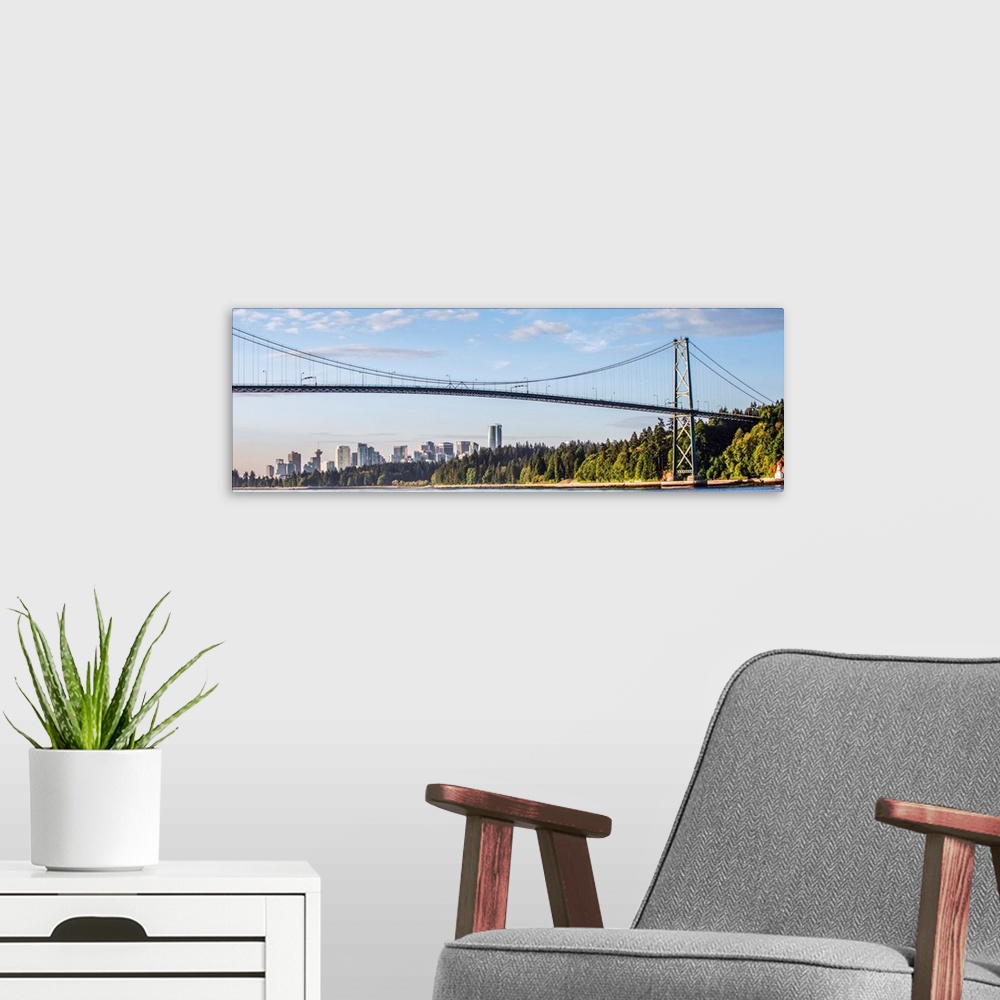 A modern room featuring Side view of Lions Gate Bridge in Vancouver, British Columbia, Canada.
