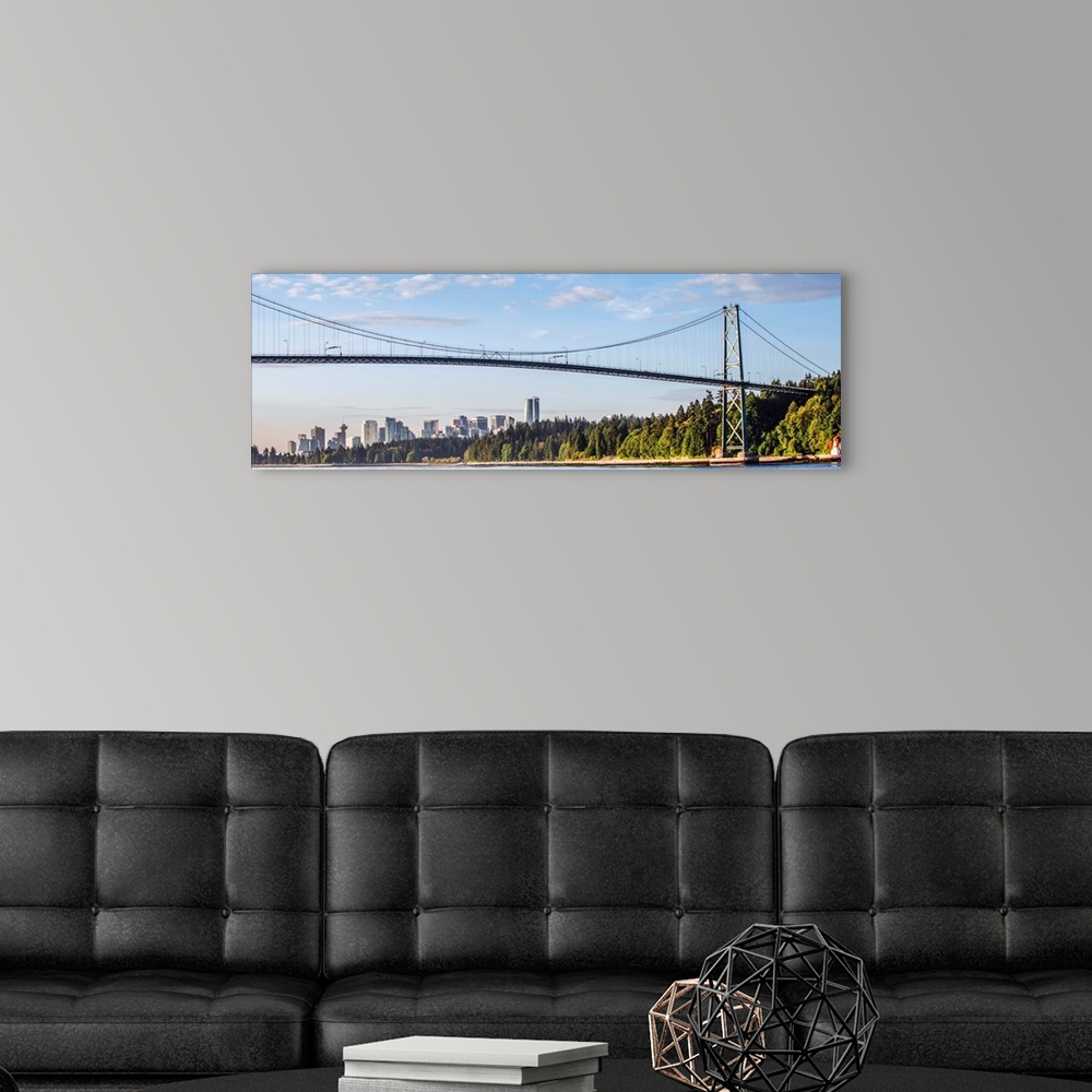 A modern room featuring Side view of Lions Gate Bridge in Vancouver, British Columbia, Canada.